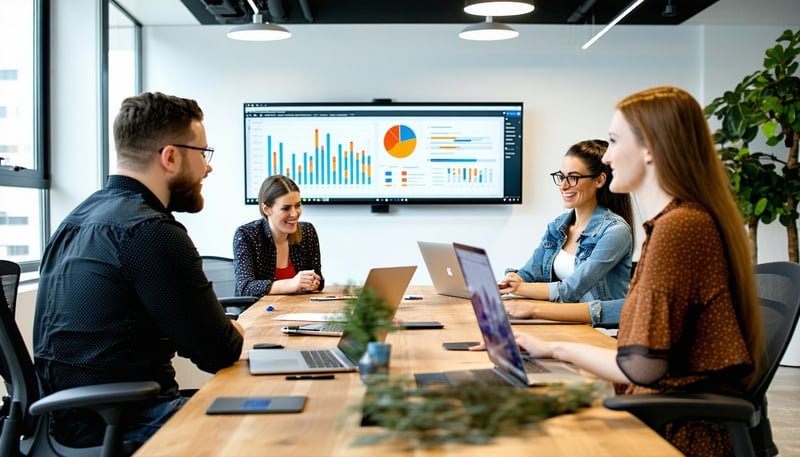 Team of digital marketing professionals analyzing data and developing strategies at Momentum Growth Collective Team of digital marketing professionals analyzing data and developing strategies at Momentum Growth Collective