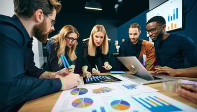 Digital marketing experts collaborating and analyzing growth data Digital marketing experts collaborating and analyzing growth data